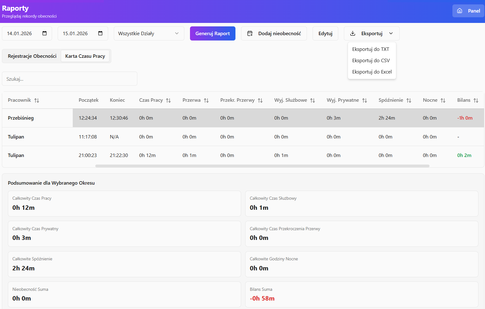 UnitagAtt attendance report with start and end times, breaks, exits, lateness, and balance