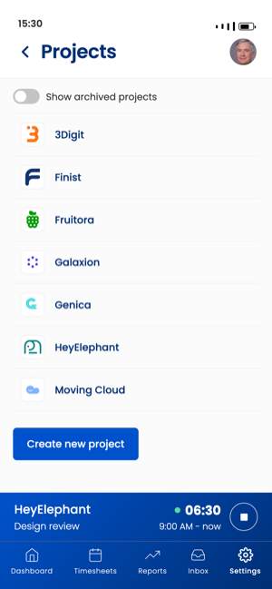 La liste des projets Sandtime.io sur iPhone, avec le temps enregistré pour chaque projet