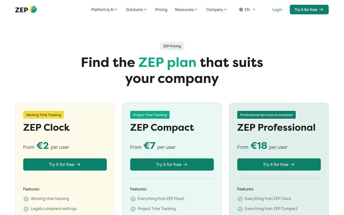 ZEP pricing page with ZEP Clock from 2 euros, ZEP Compact from 7 euros, and ZEP Professional from 18 euros per user