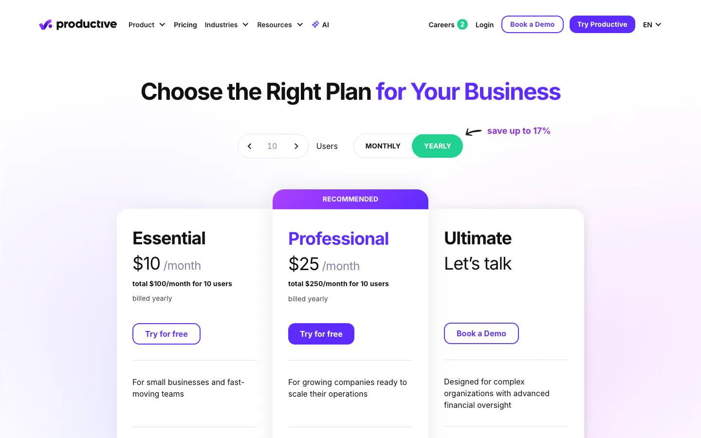 Productive pricing page set to 10 users on yearly billing, with Essential at 10 dollars and Professional at 25 dollars per user per month