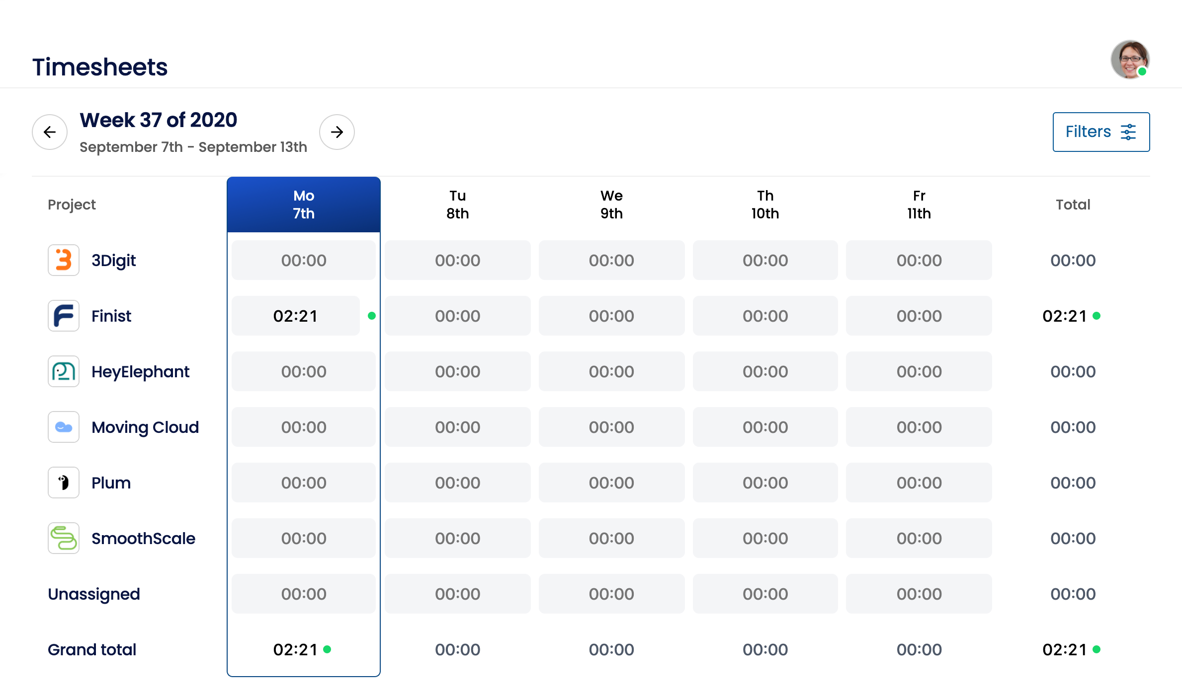 Example of the timesheet from time recording app (Sandtime.io)