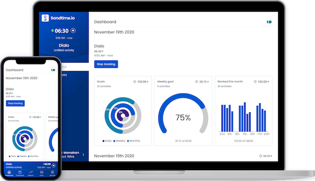 Sandtime.io apps on a laptop, tablet, and phone, each showing the time tracking dashboard.