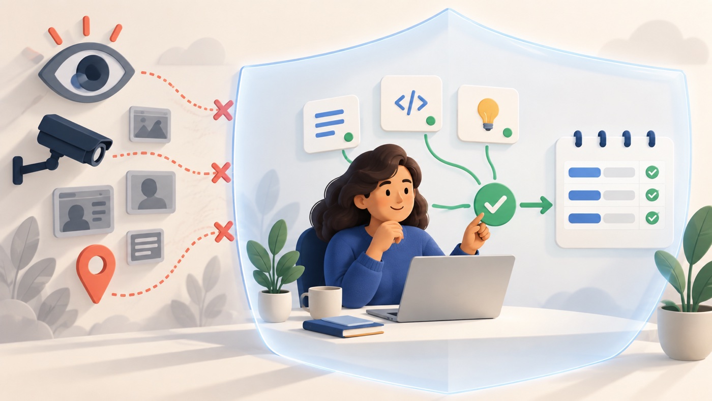 Editorial illustration of a worker reviewing private work evidence behind a shield while surveillance signals remain outside