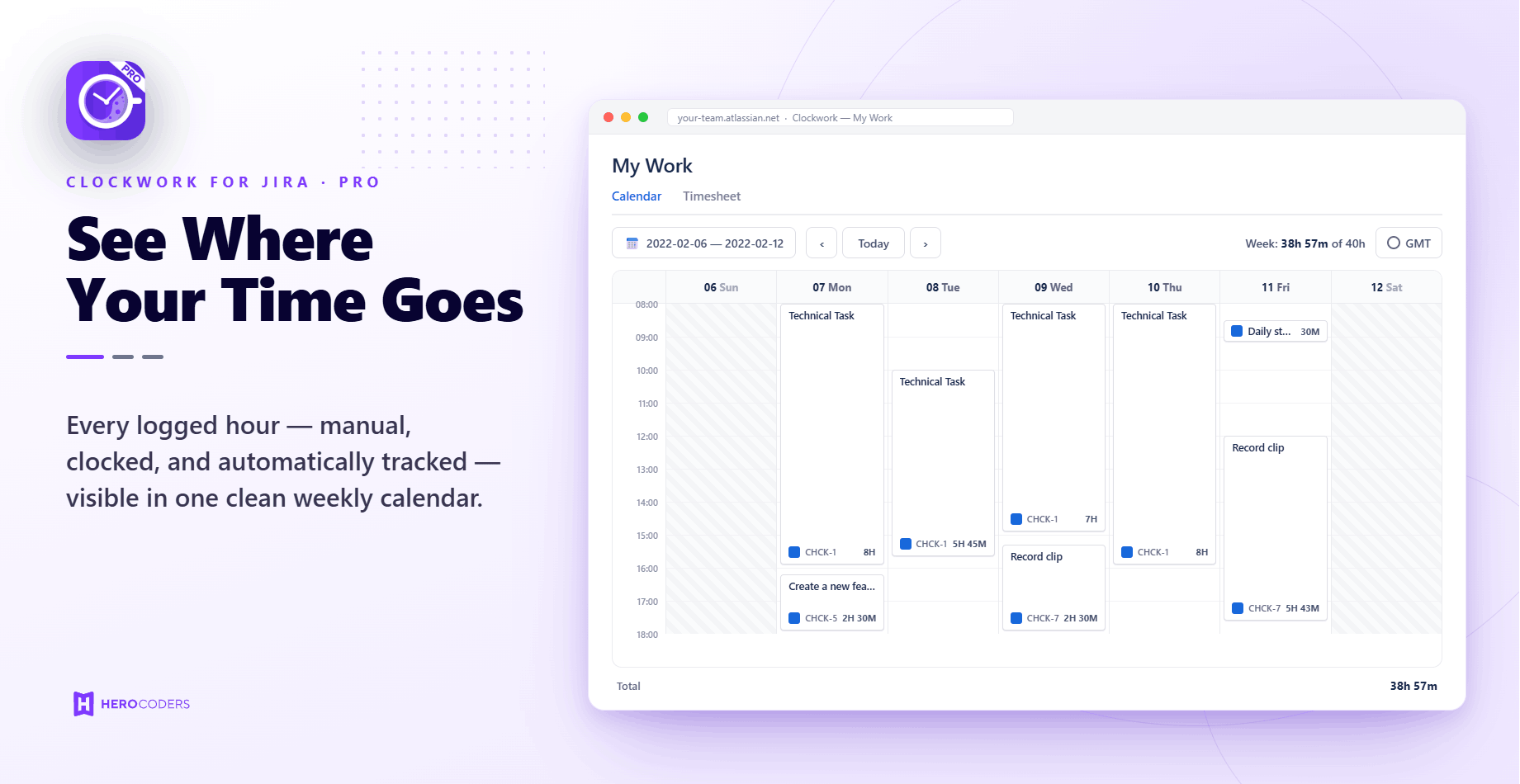 Clockwork My Work calendar with a week of logged worklogs and a total