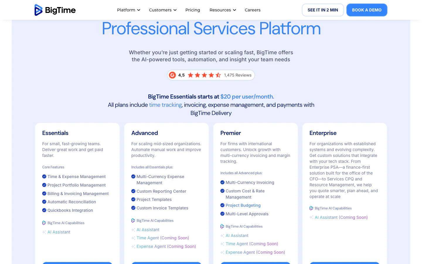 BigTime pricing page stating that Essentials starts at 20 dollars per user per month, with Advanced, Premier, and Enterprise feature lists