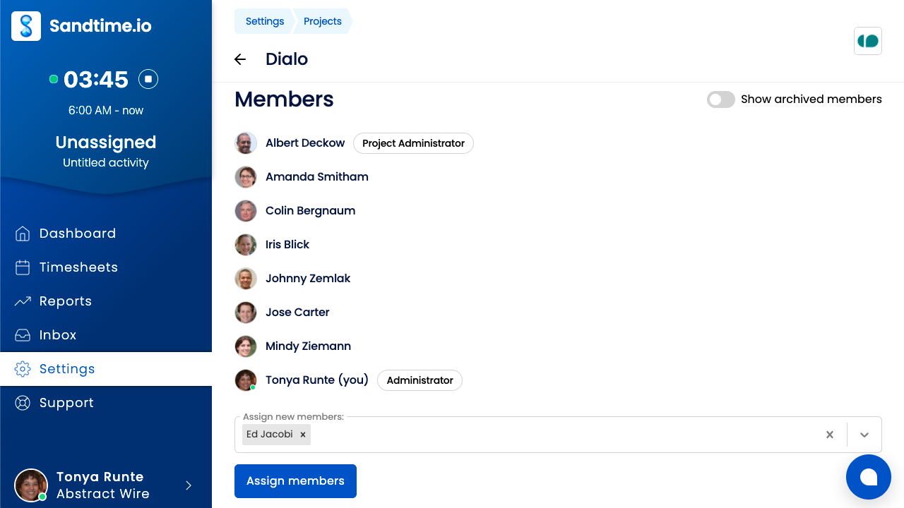 The Members section of a project in Sandtime.io settings, listing members with role badges next to their names - Project Administrator on one, Administrator on another - above an Assign new members field.