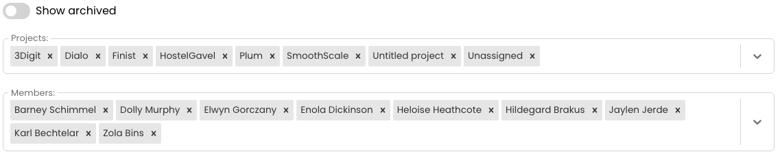 The filter panel of a Sandtime.io report, with the Show archived switch off above a Projects field and a Members field holding removable name chips.