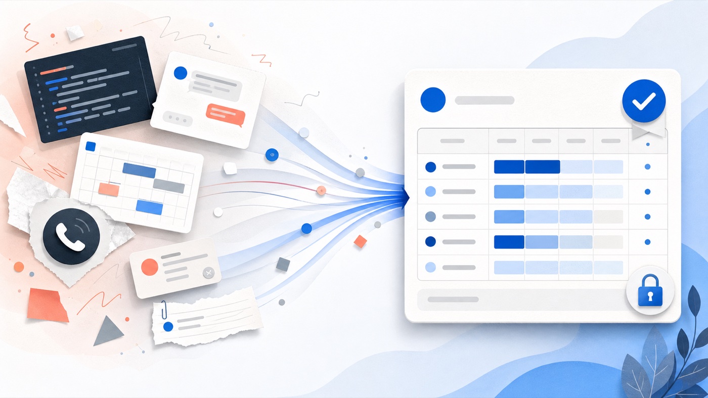 Editorial illustration showing scattered code, messages, meetings, calls, and notes flowing into one clean approved and locked timesheet