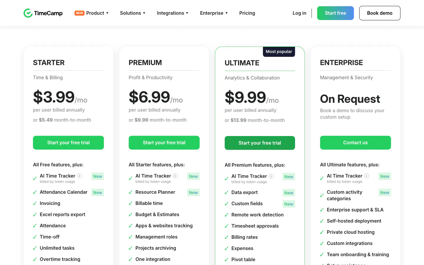 TimeCamp pricing page with Starter, Premium, Ultimate, and Enterprise plans, and Timesheet approvals listed under Ultimate at 9.99 dollars per user