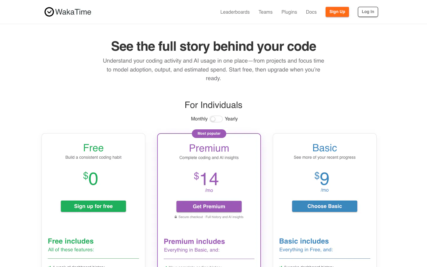 WakaTime pricing page for individuals on monthly billing with Free, Premium at 14 dollars, and Basic at 9 dollars a month