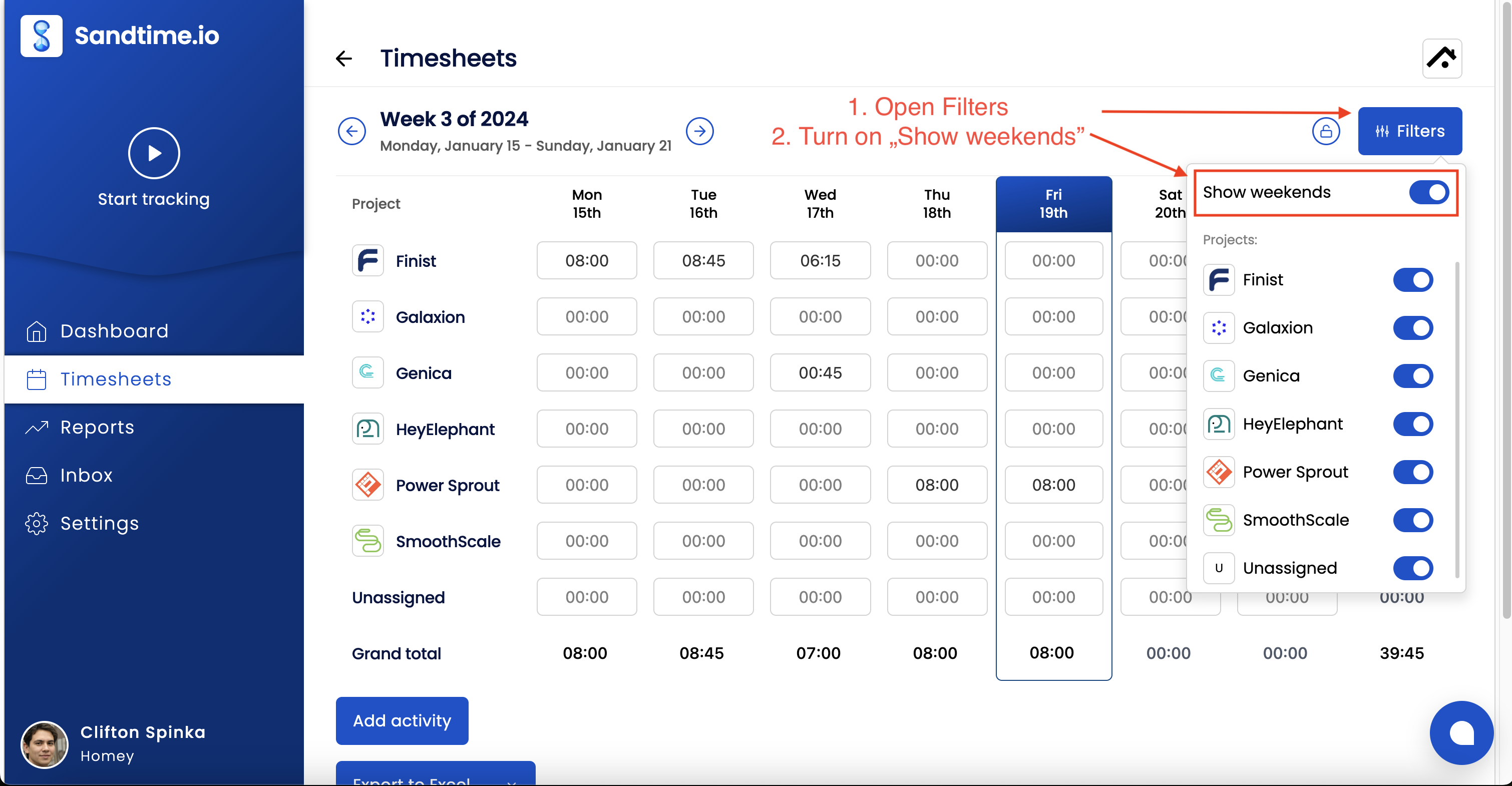 Panneau Filtres de Sandtime.io avec l'option Afficher les week-ends activée