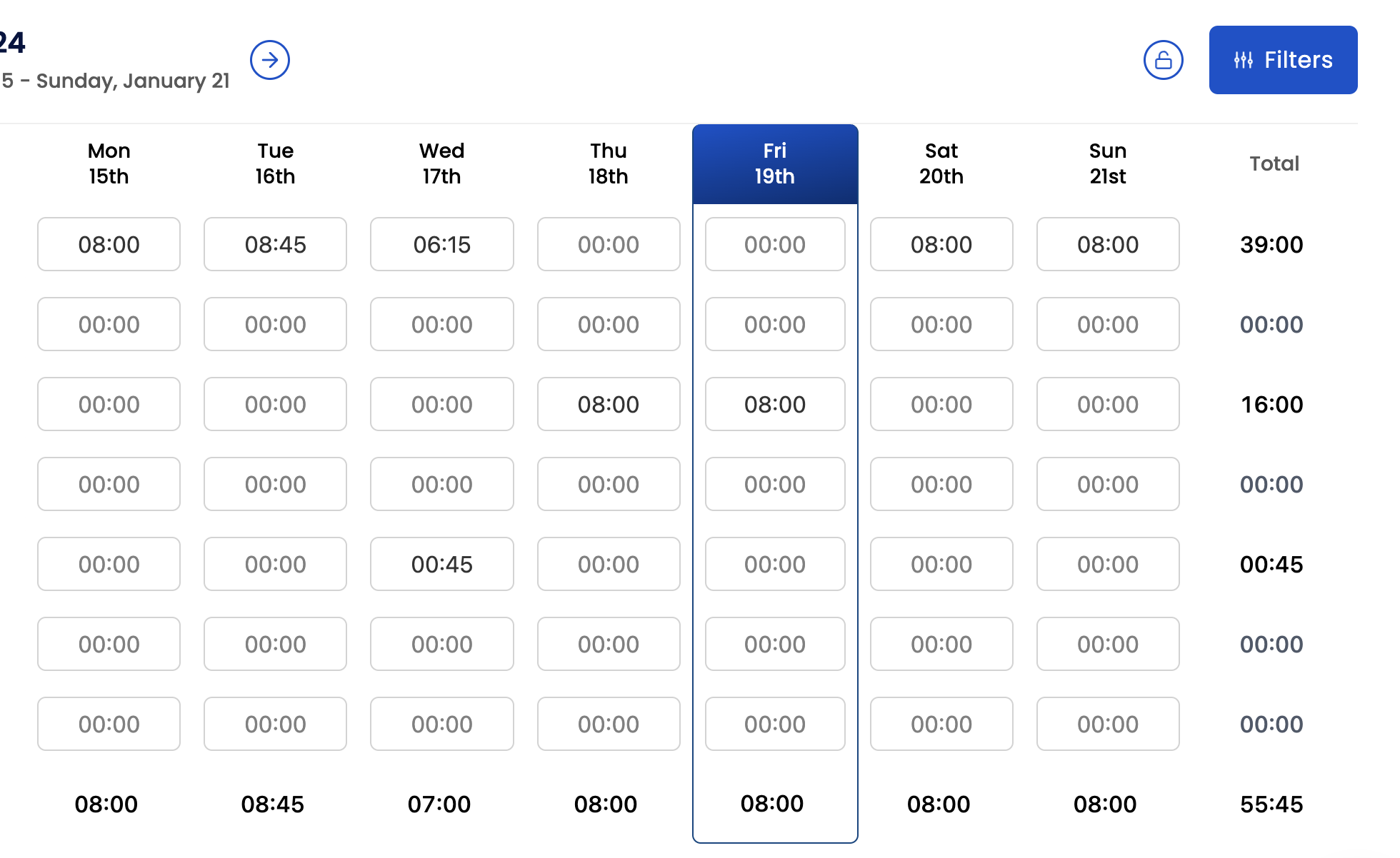 Vue Feuilles de temps de Sandtime.io affichant une semaine complète du lundi au dimanche avec des entrées le samedi et le dimanche
