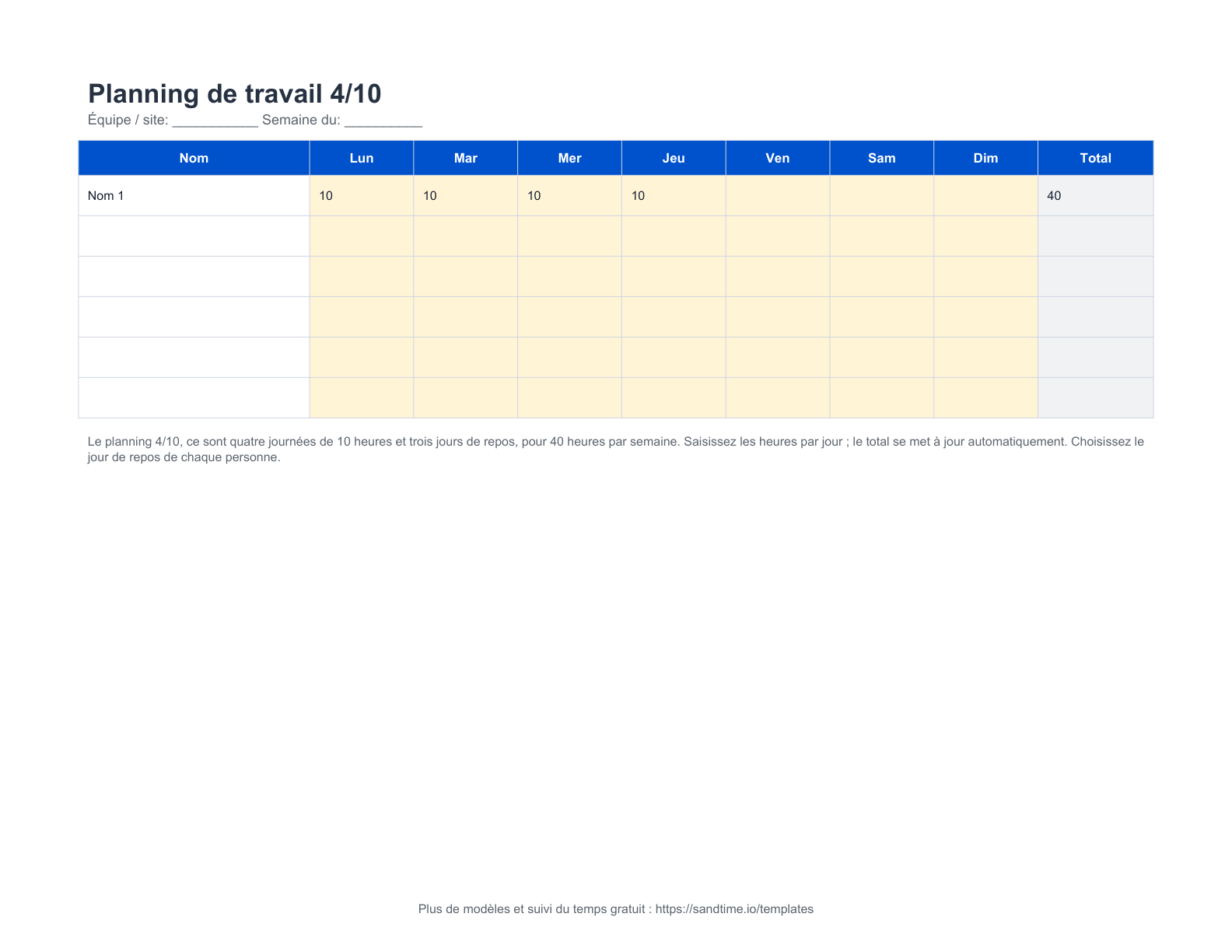 Modèle gratuit de planning de travail 4/10 - aperçu