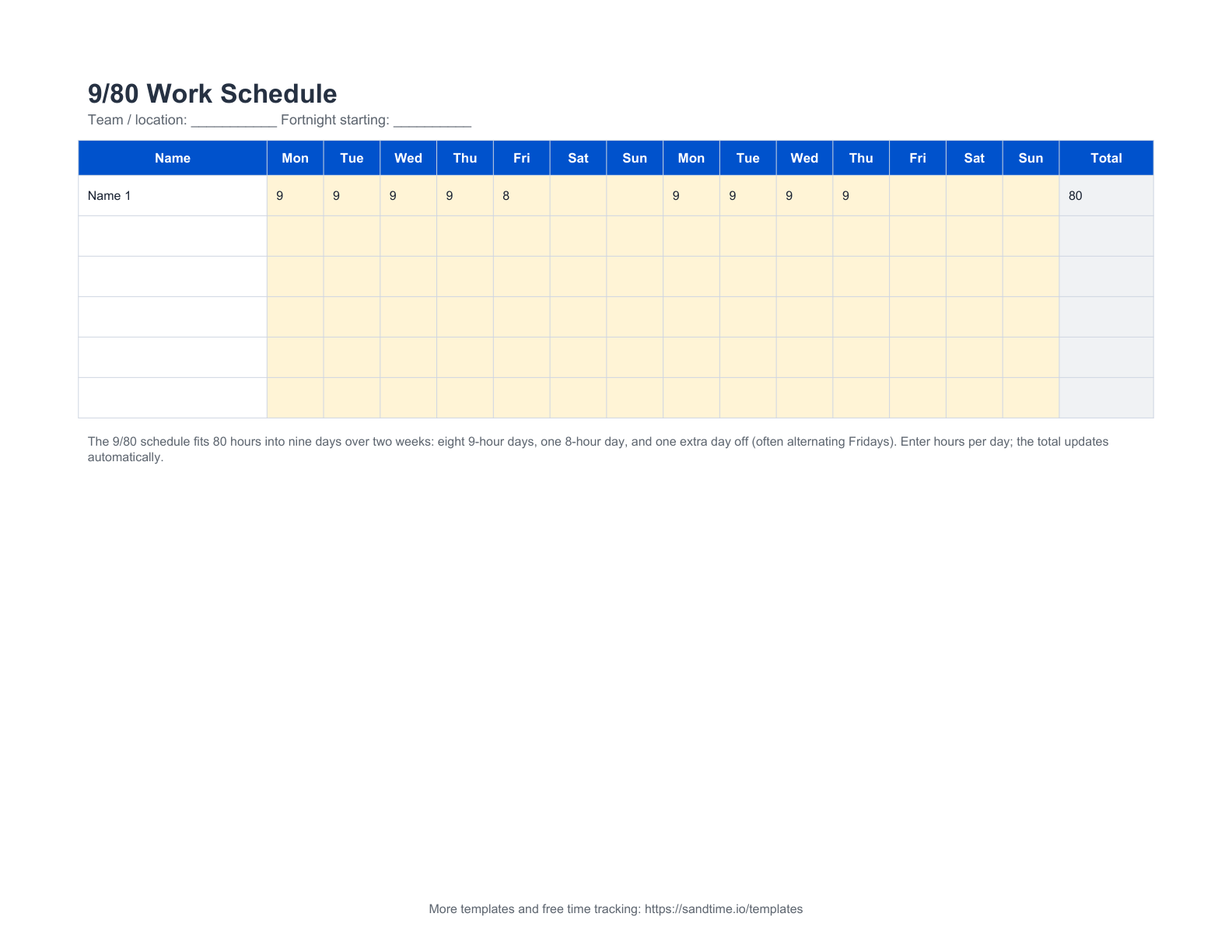 Free 9/80 work schedule template preview