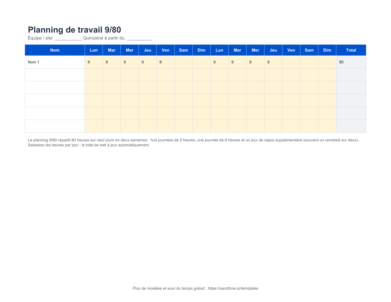 Modèle gratuit de planning de travail 9/80 - aperçu