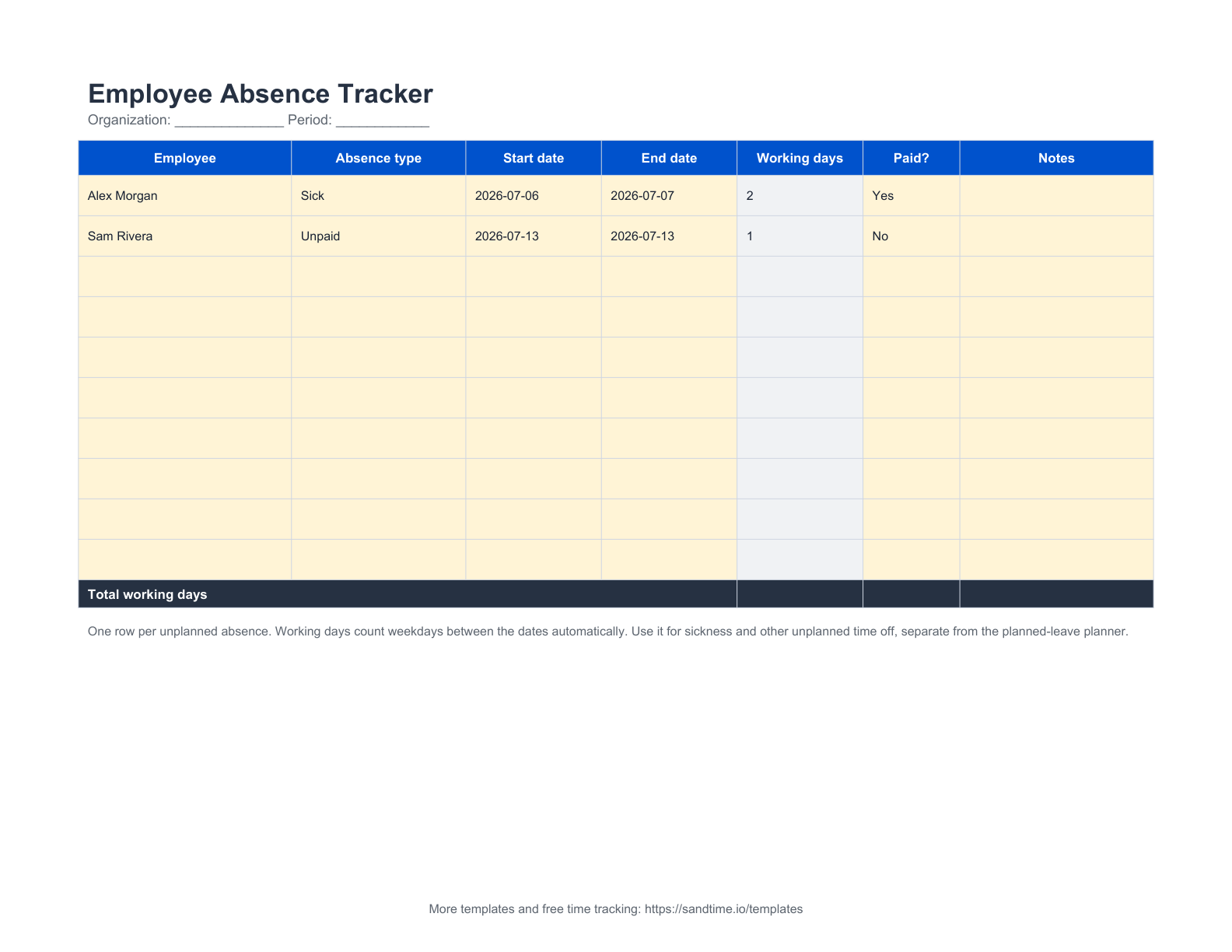 Free employee absence tracker preview