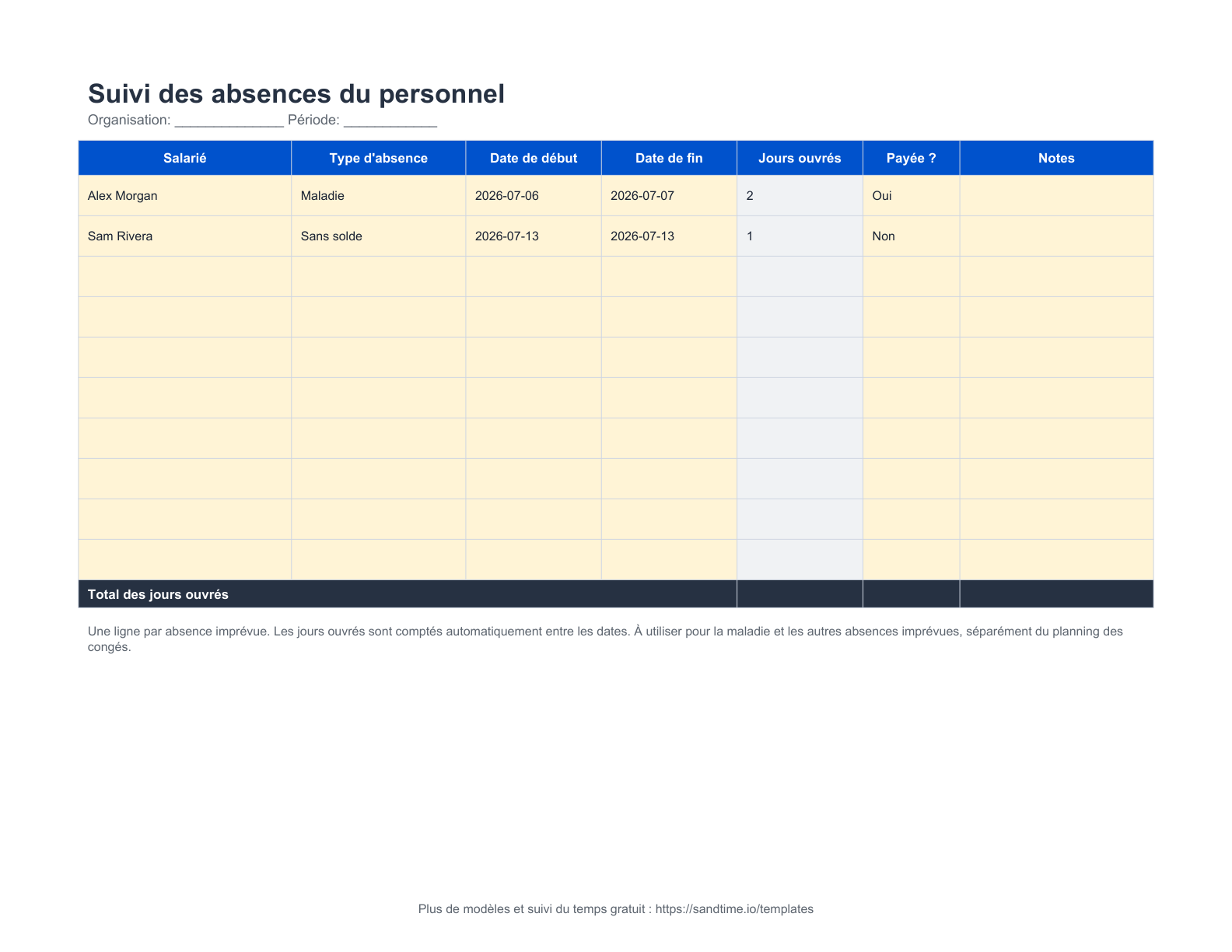 Suivi gratuit des absences du personnel - aperçu