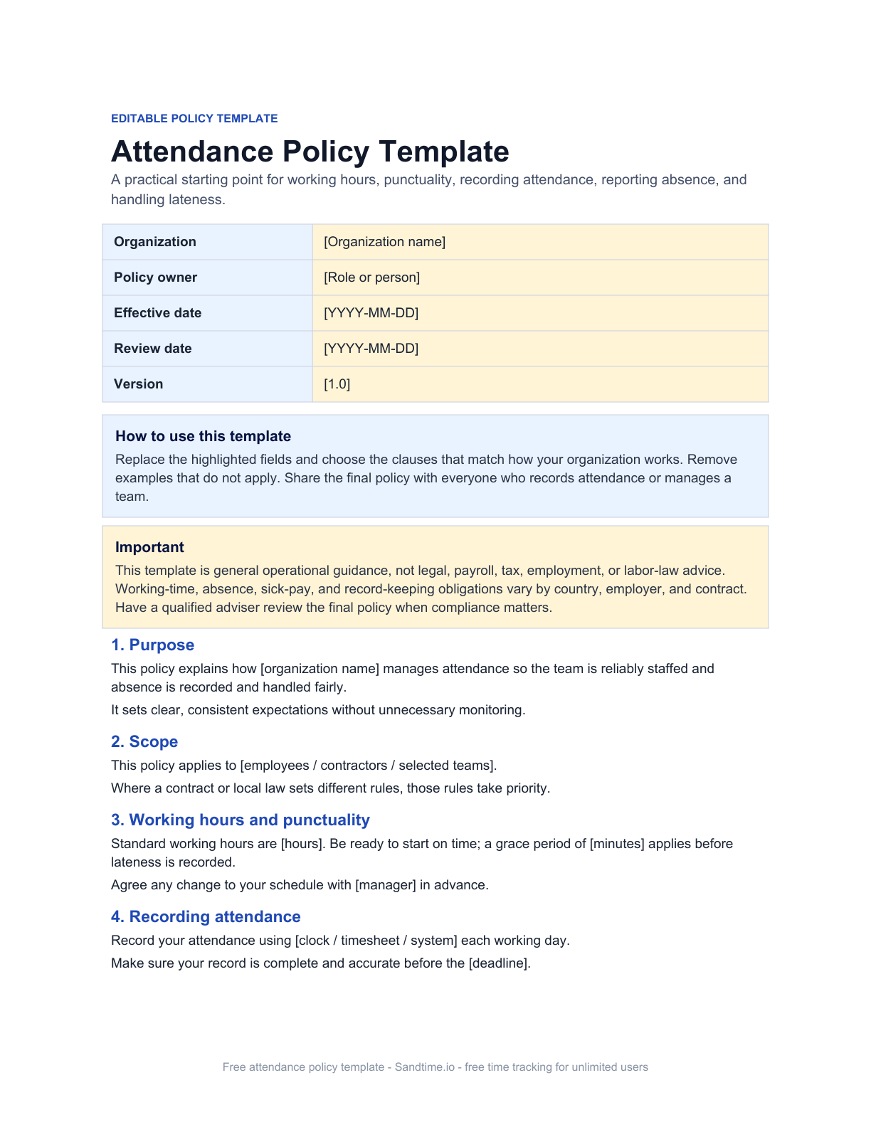 Free attendance policy template preview