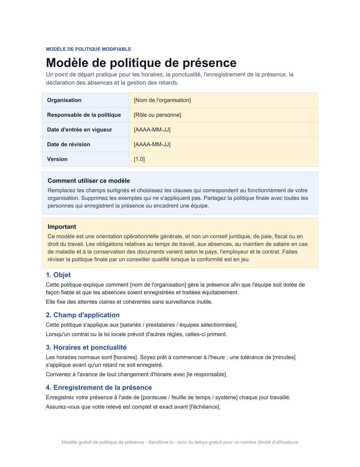 Modèle gratuit de politique de présence - aperçu