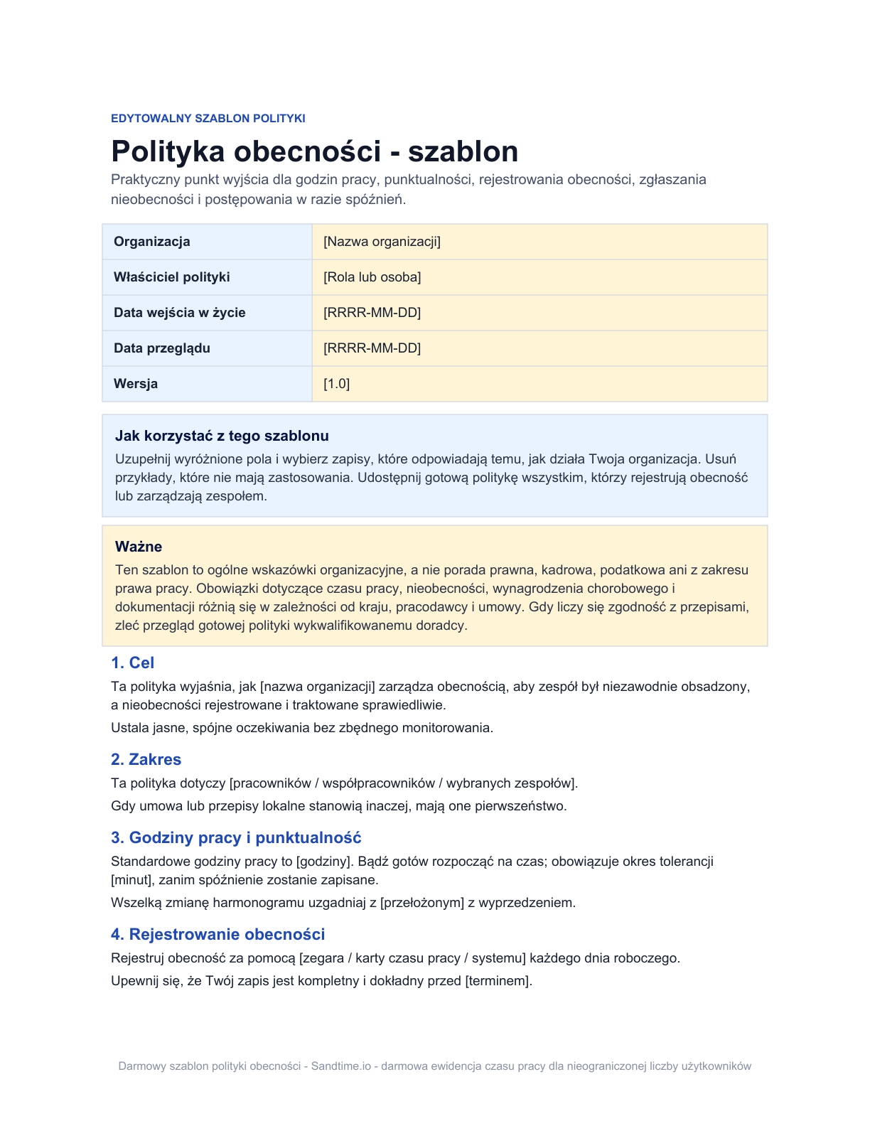 Darmowy szablon polityki obecności - podgląd