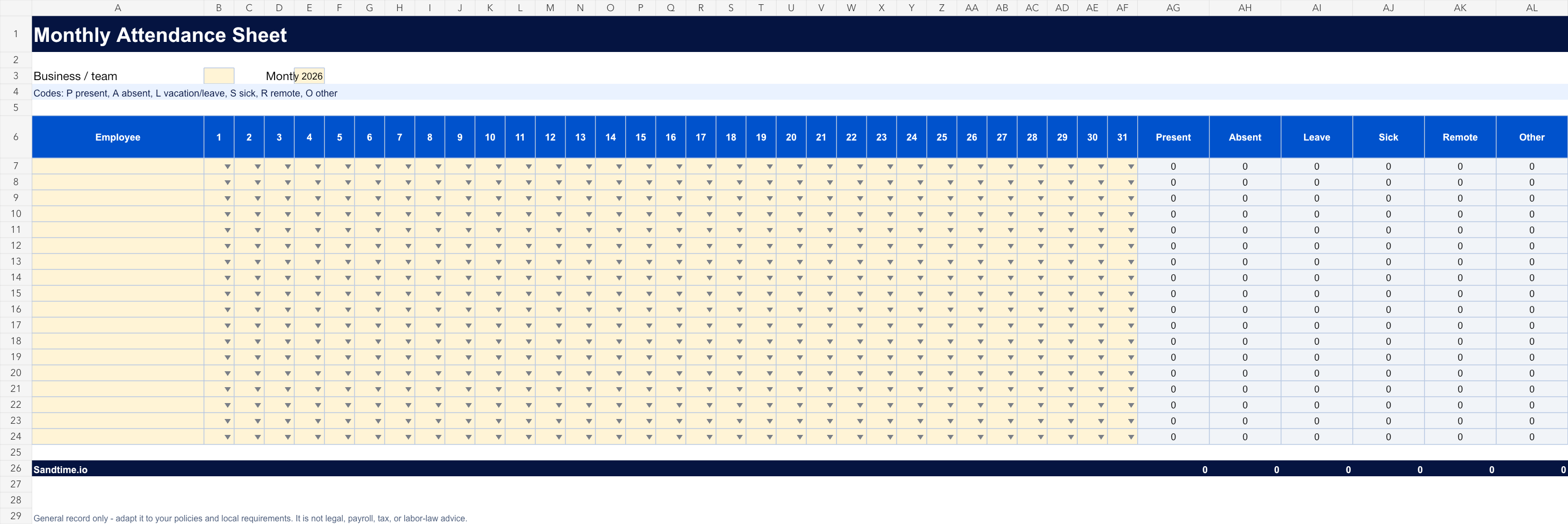 Free attendance sheet template preview