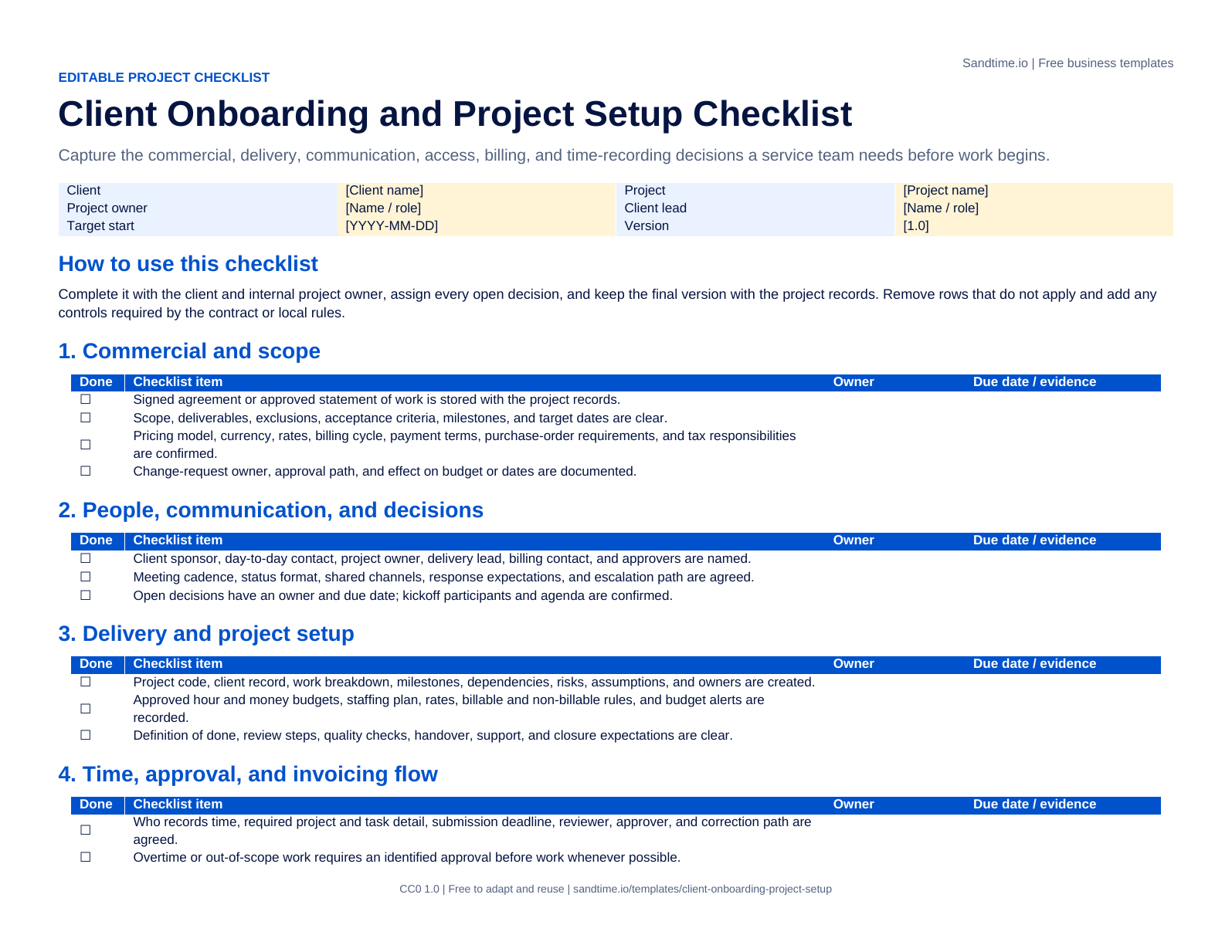 Free client onboarding and project setup checklist preview