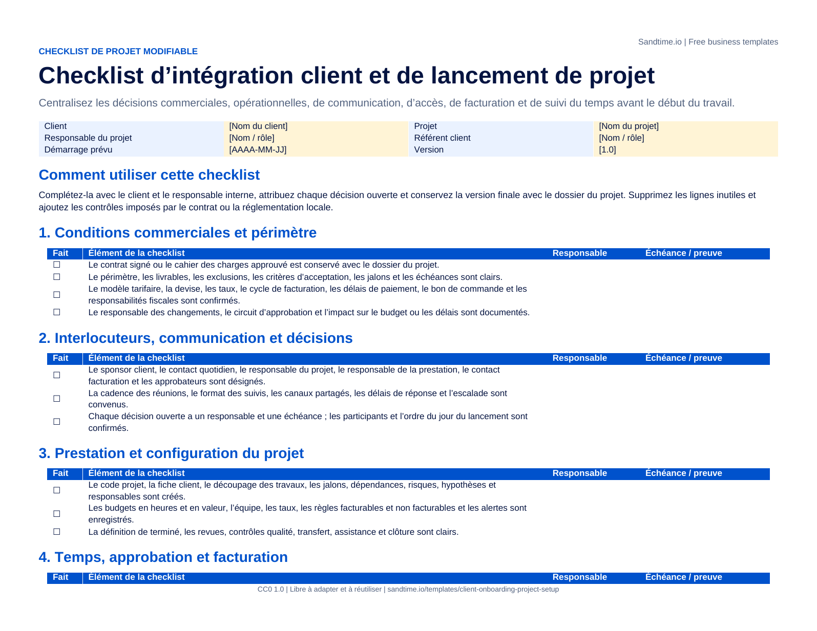 Checklist gratuite d’intégration client et de lancement de projet - aperçu