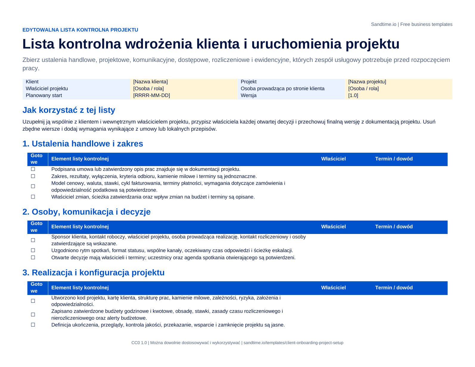 Darmowa lista kontrolna wdrożenia klienta i uruchomienia projektu - podgląd