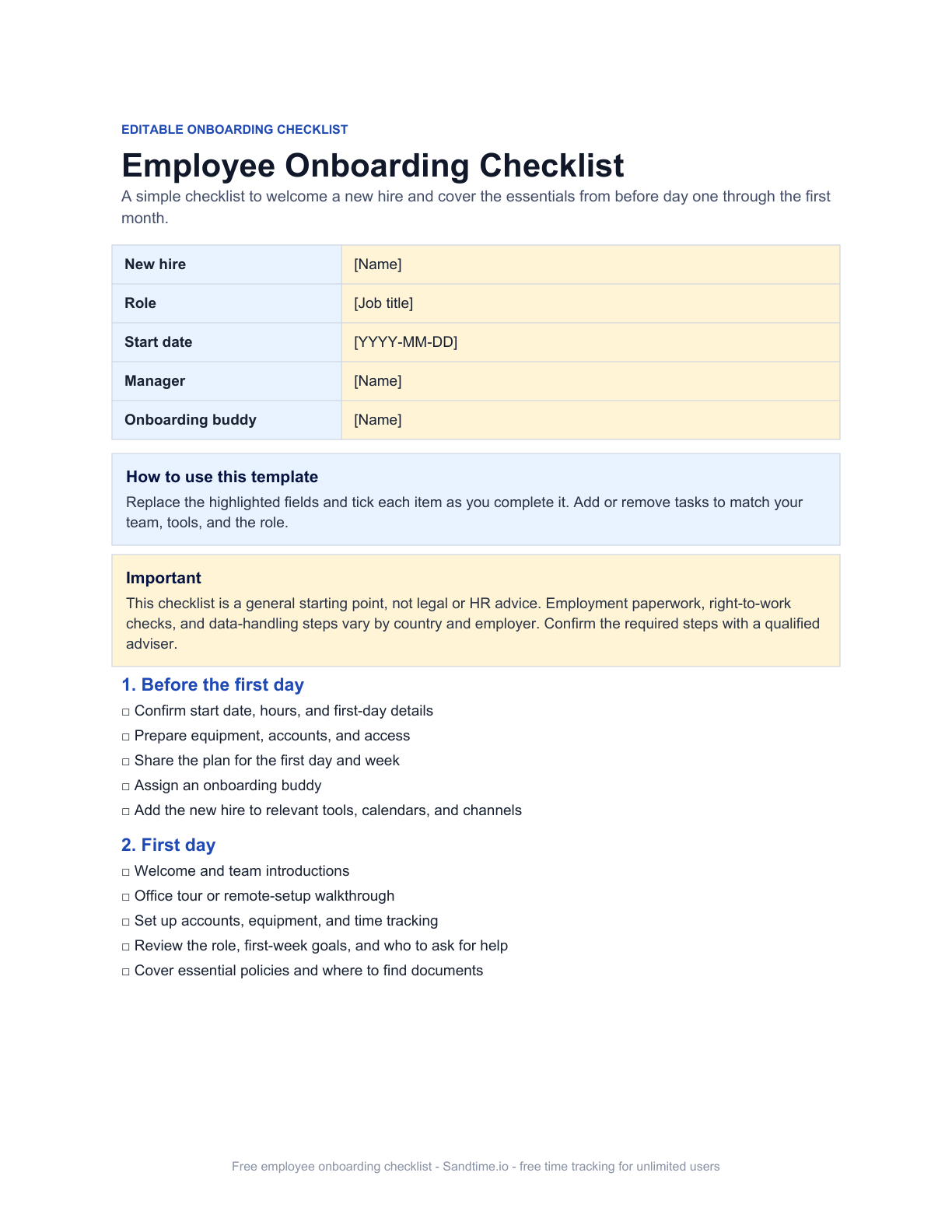 Free employee onboarding checklist preview
