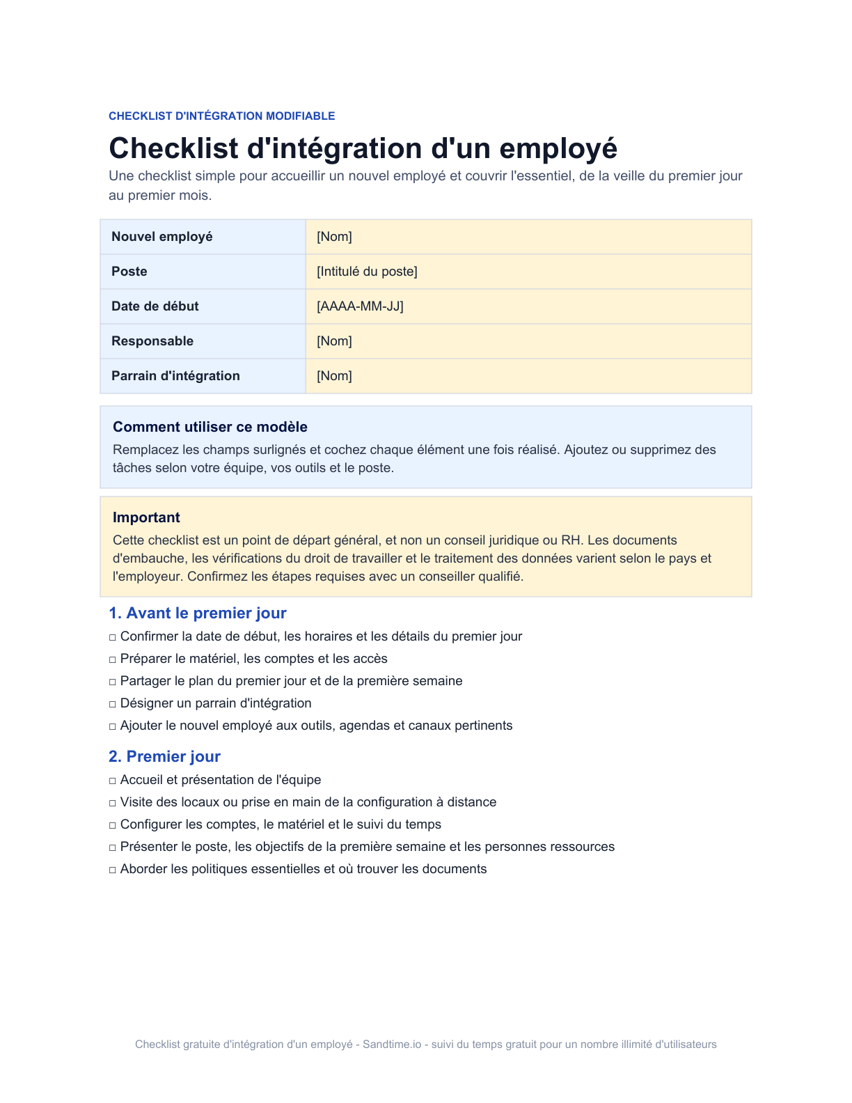 Checklist gratuite d'intégration d'un employé - aperçu