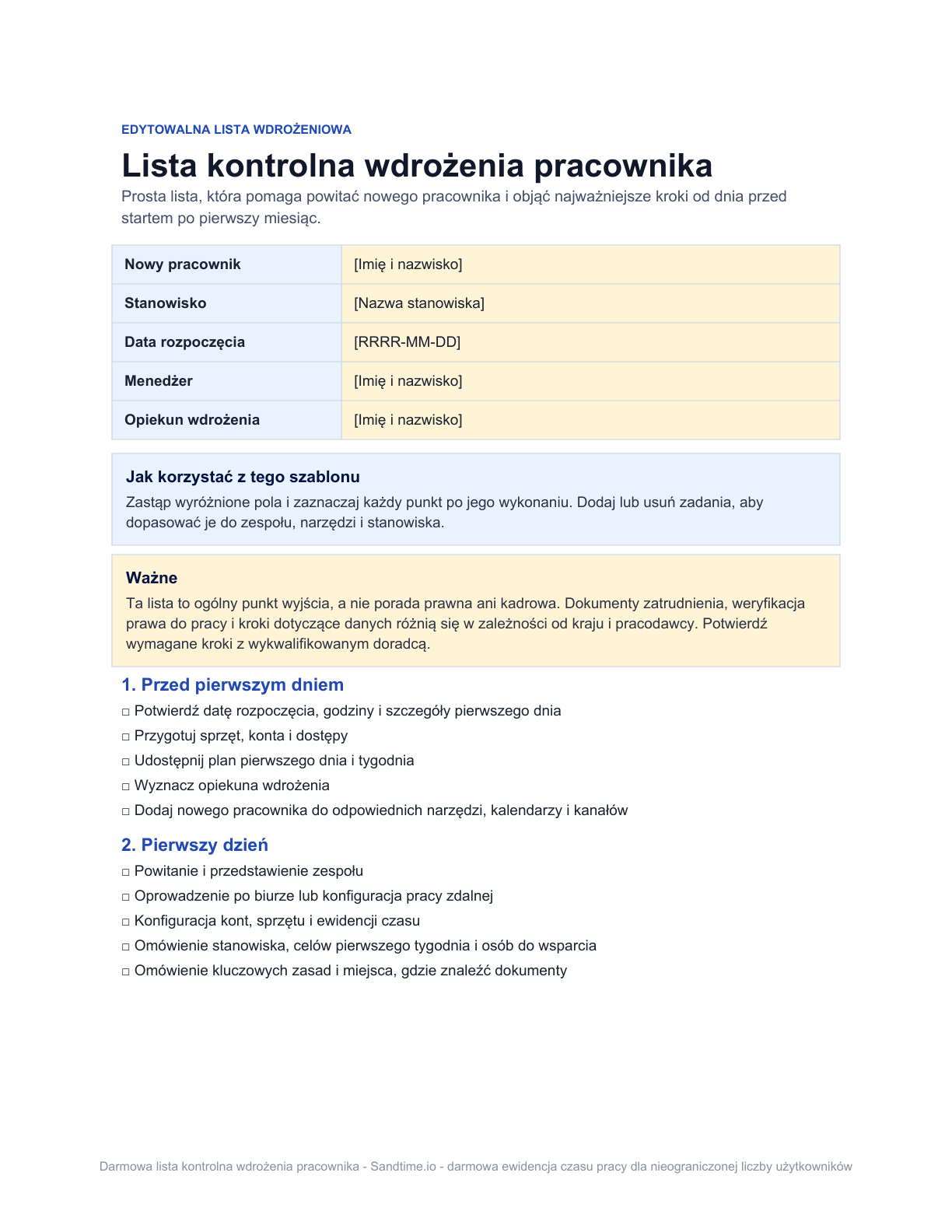 Darmowa lista kontrolna wdrożenia pracownika - podgląd