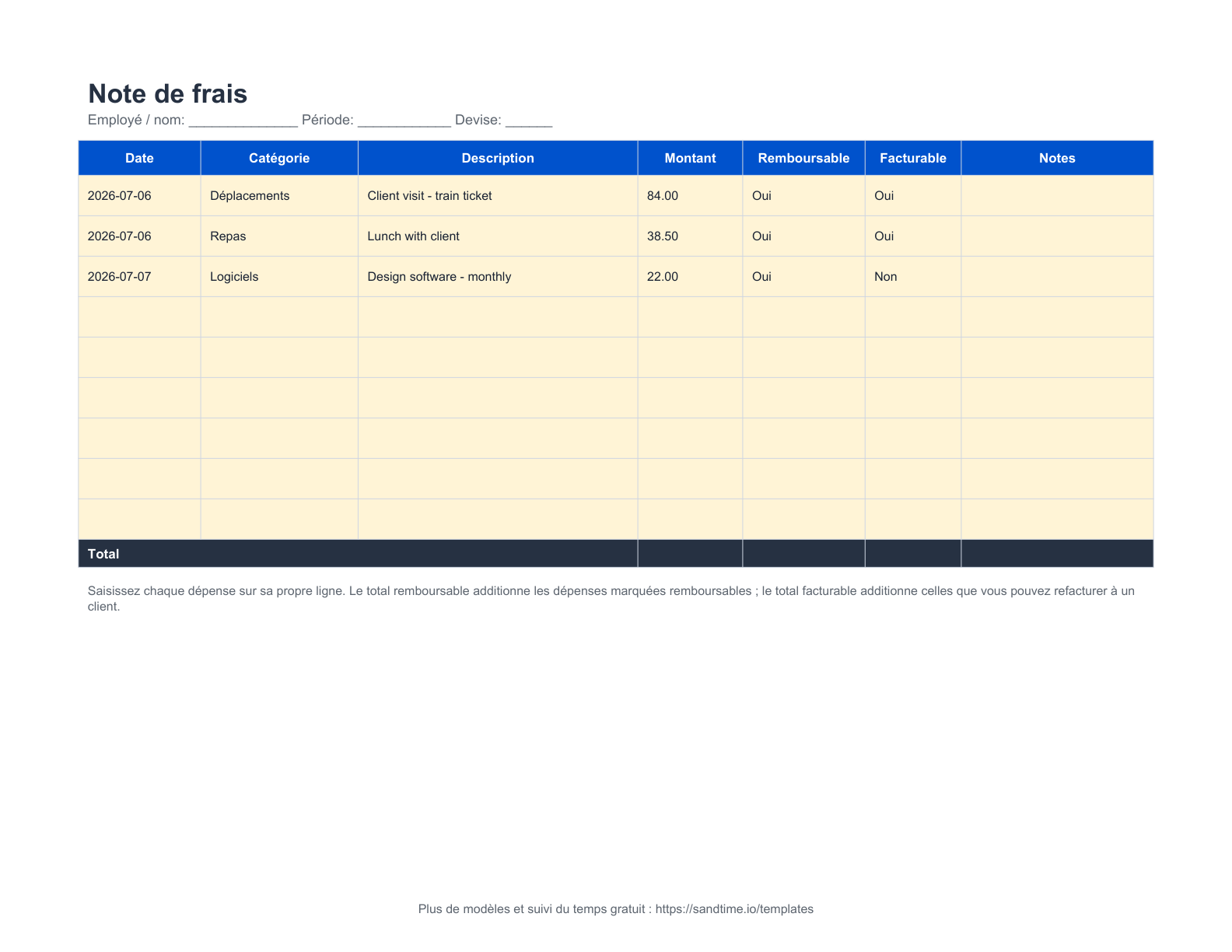 Modèle de note de frais gratuit - aperçu