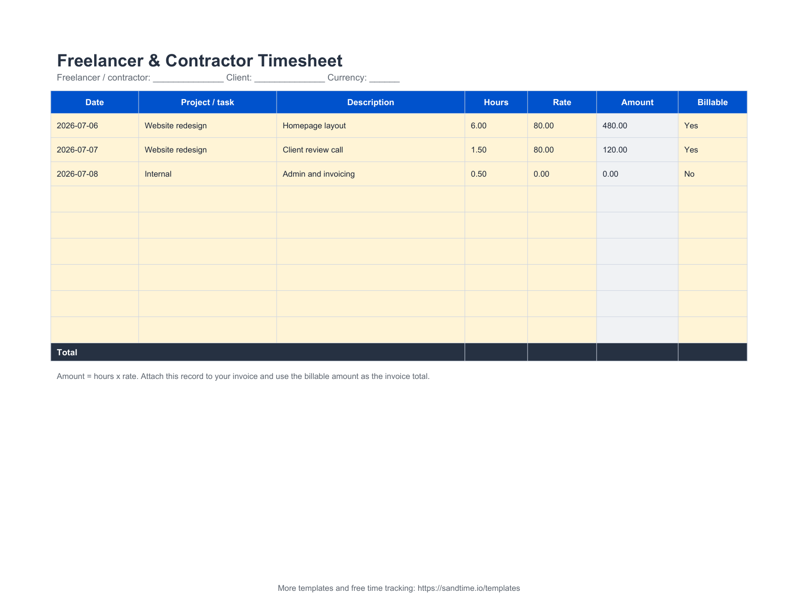 Free freelancer and contractor timesheet preview