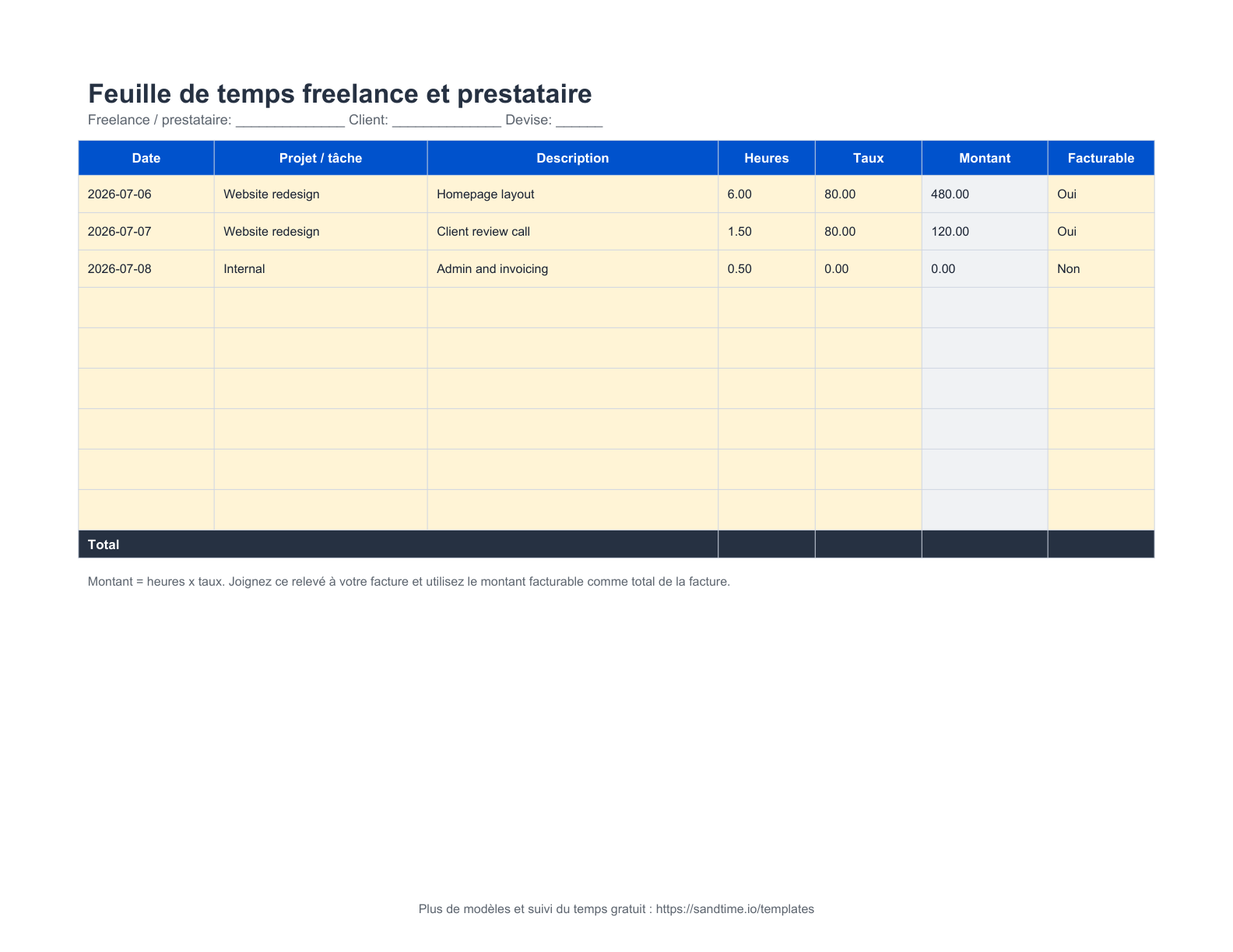 Feuille de temps freelance et prestataire gratuite - aperçu