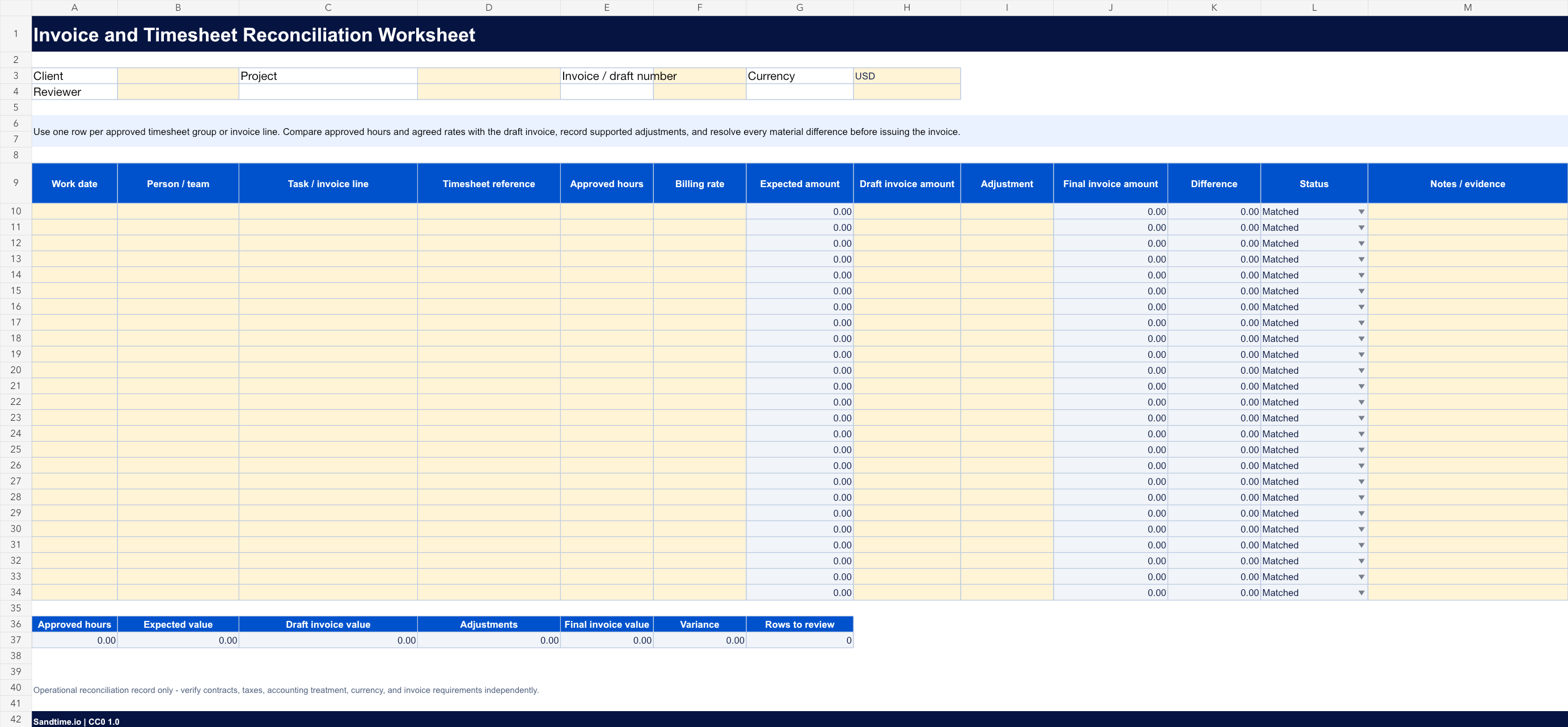 Free invoice and timesheet reconciliation worksheet preview