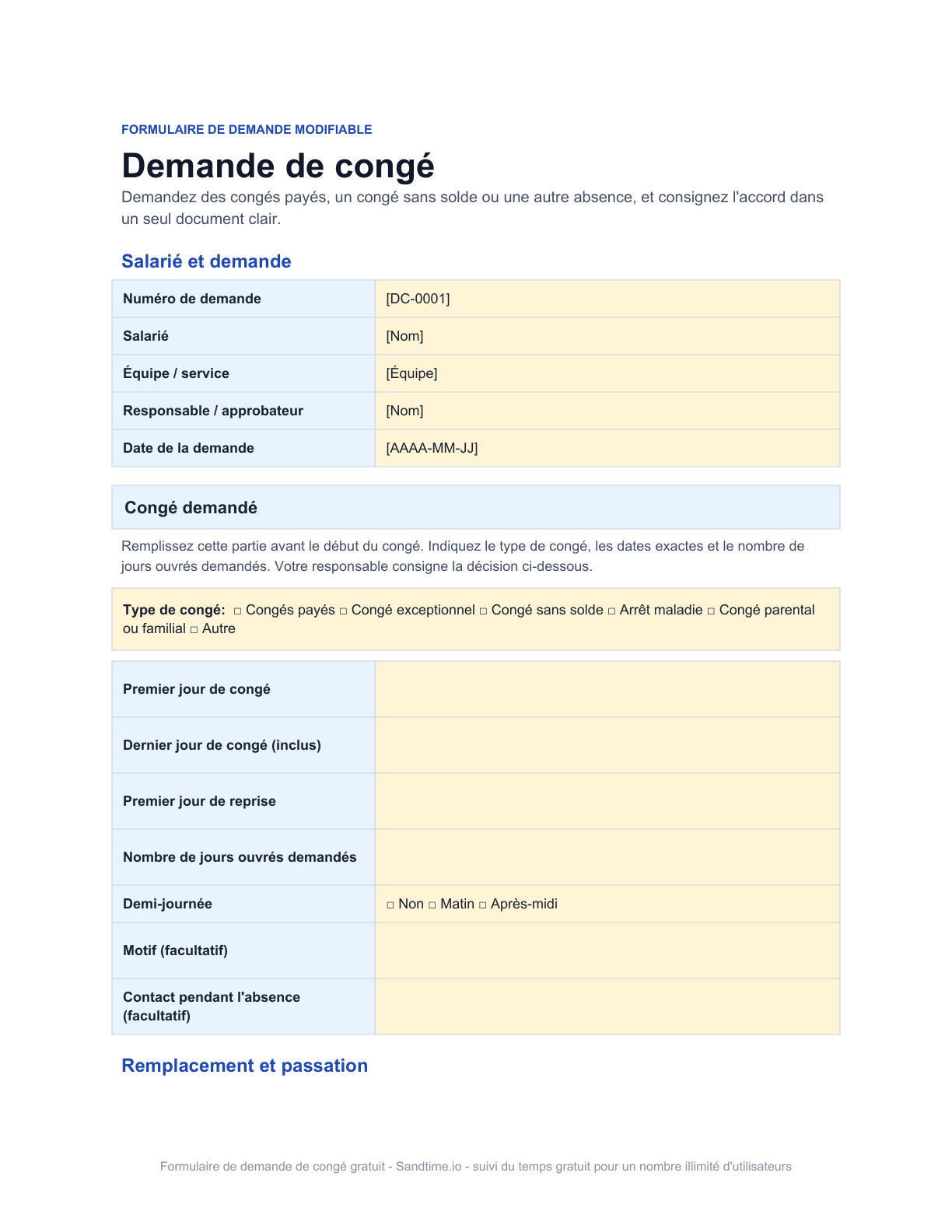 Formulaire de demande de congé gratuit - aperçu