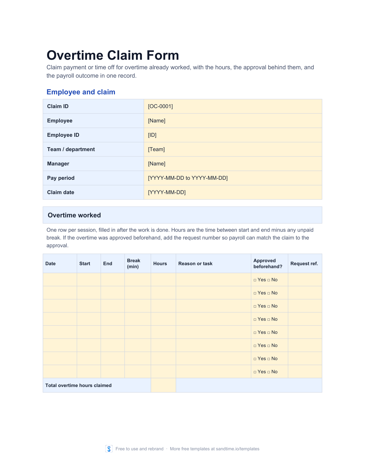 Free overtime claim form template preview