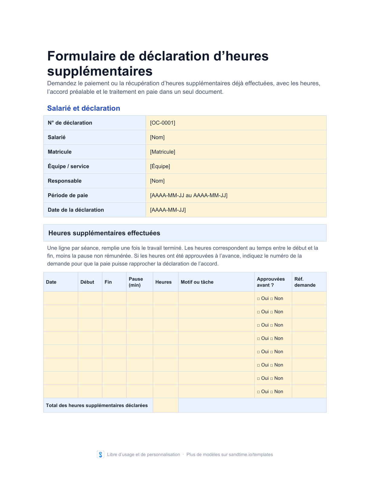 Modèle gratuit de déclaration d’heures supplémentaires - aperçu