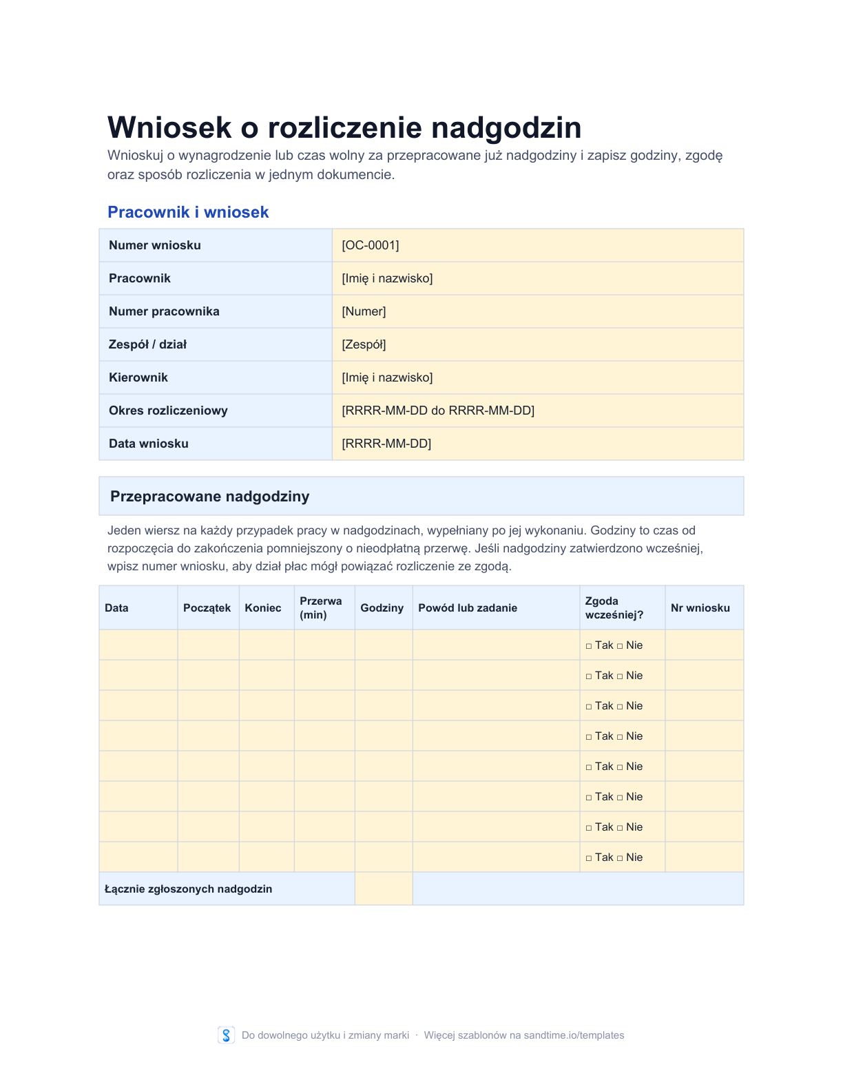 Darmowy wniosek o rozliczenie nadgodzin - podgląd