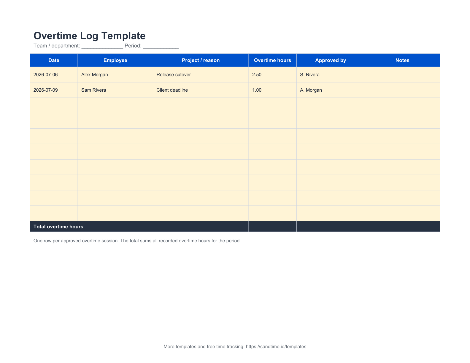Free overtime log template preview