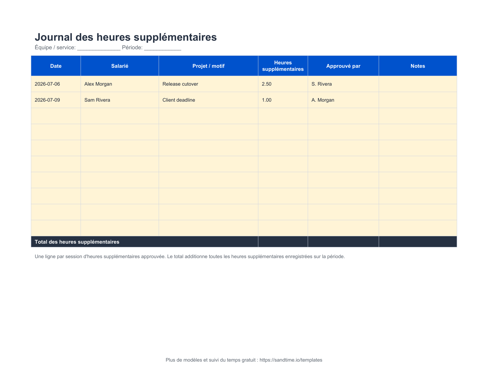 Modèle gratuit de journal des heures supplémentaires - aperçu
