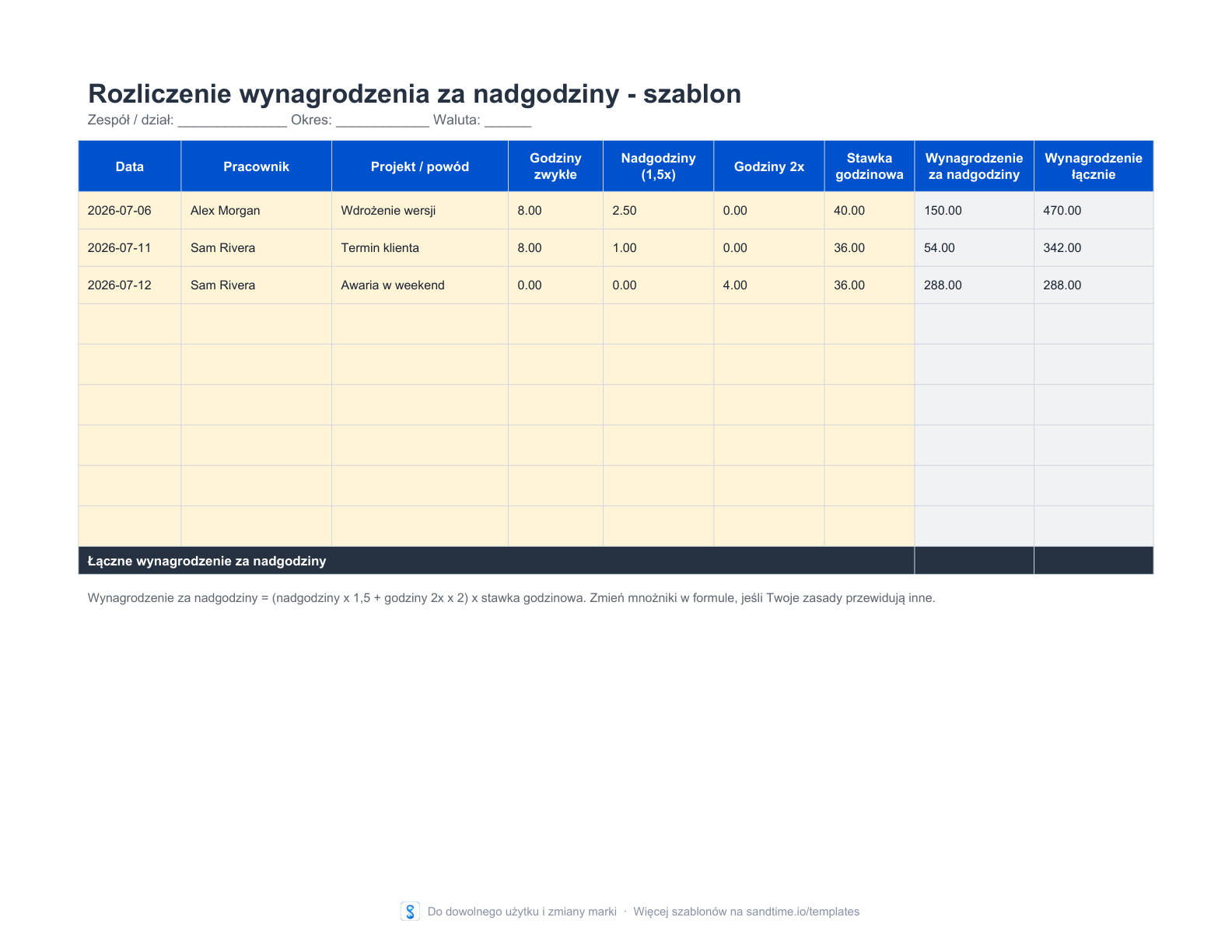 Darmowy szablon rozliczenia nadgodzin - podgląd