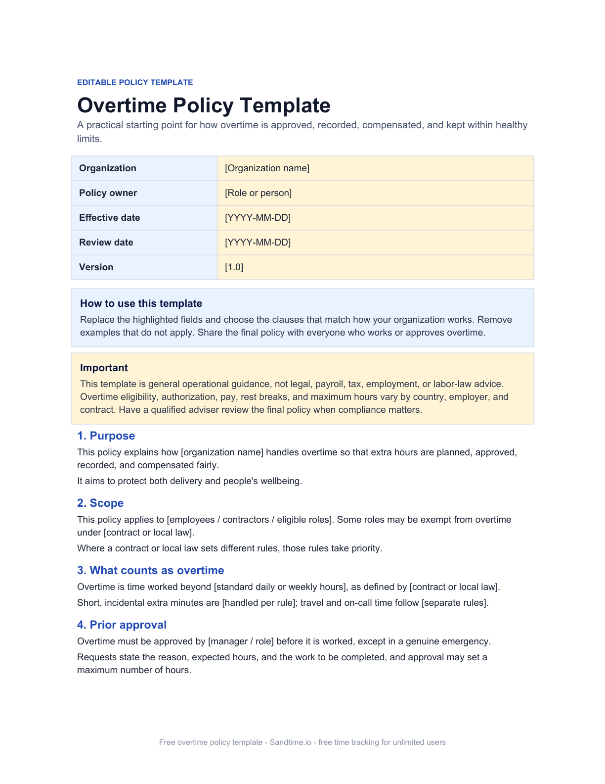 Free overtime policy template preview