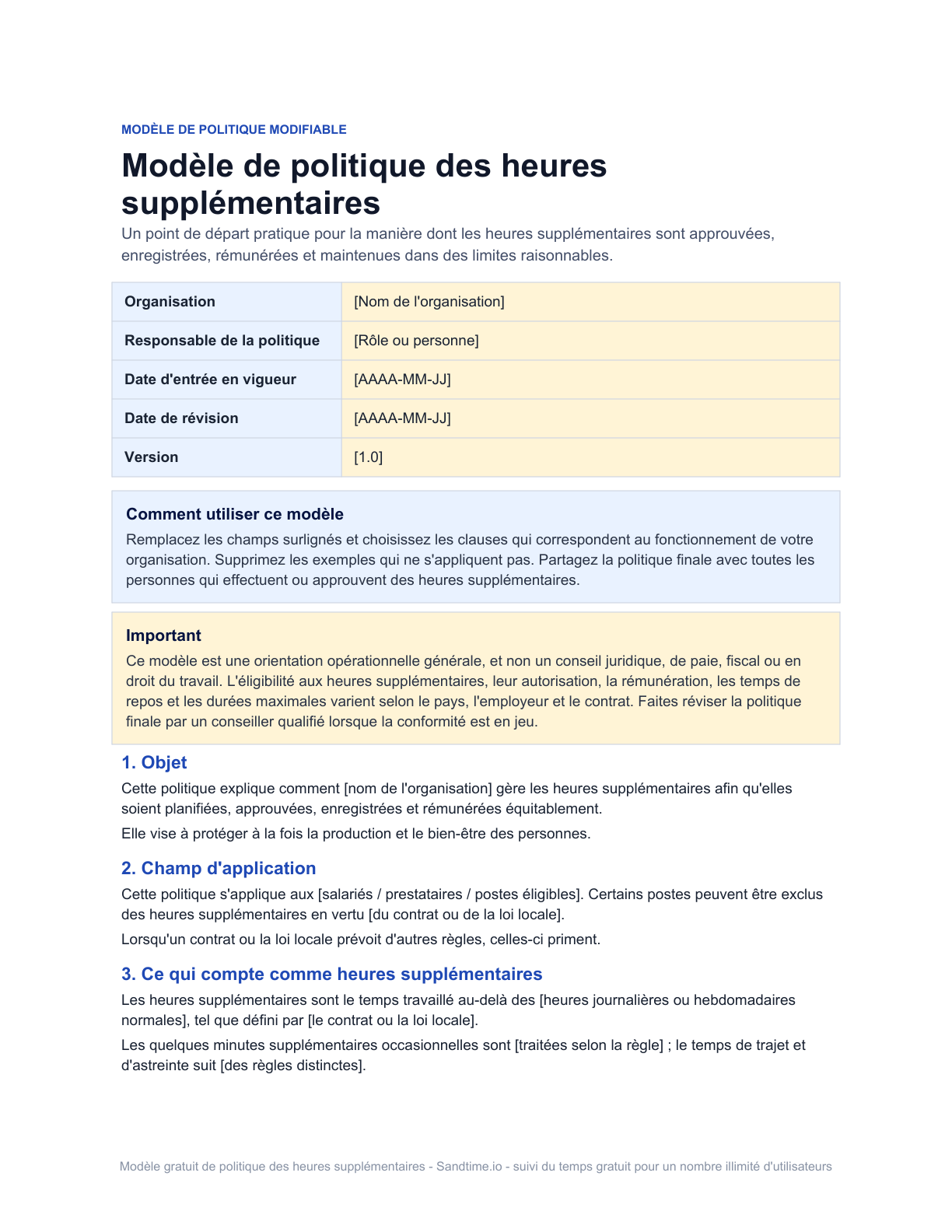 Modèle gratuit de politique des heures supplémentaires - aperçu