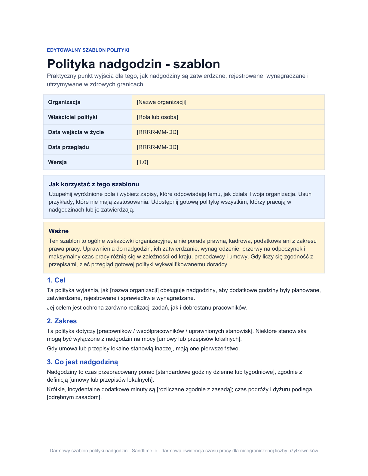 Darmowy szablon polityki nadgodzin - podgląd
