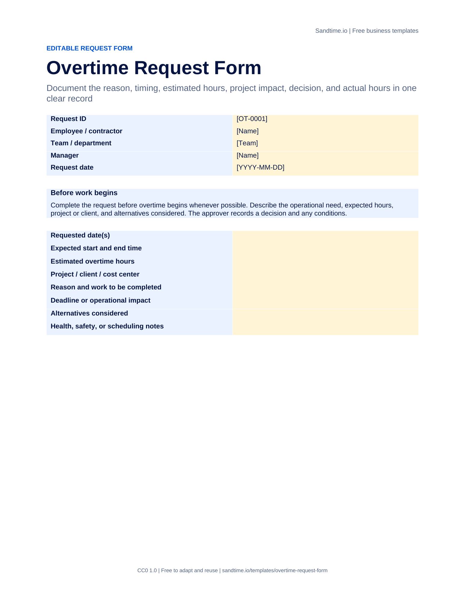 Free overtime request form template preview
