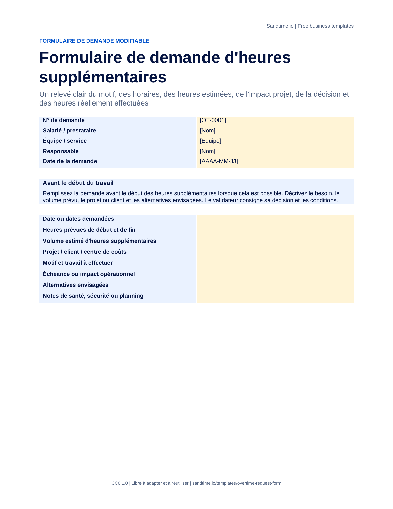 Modèle gratuit de demande d'heures supplémentaires - aperçu