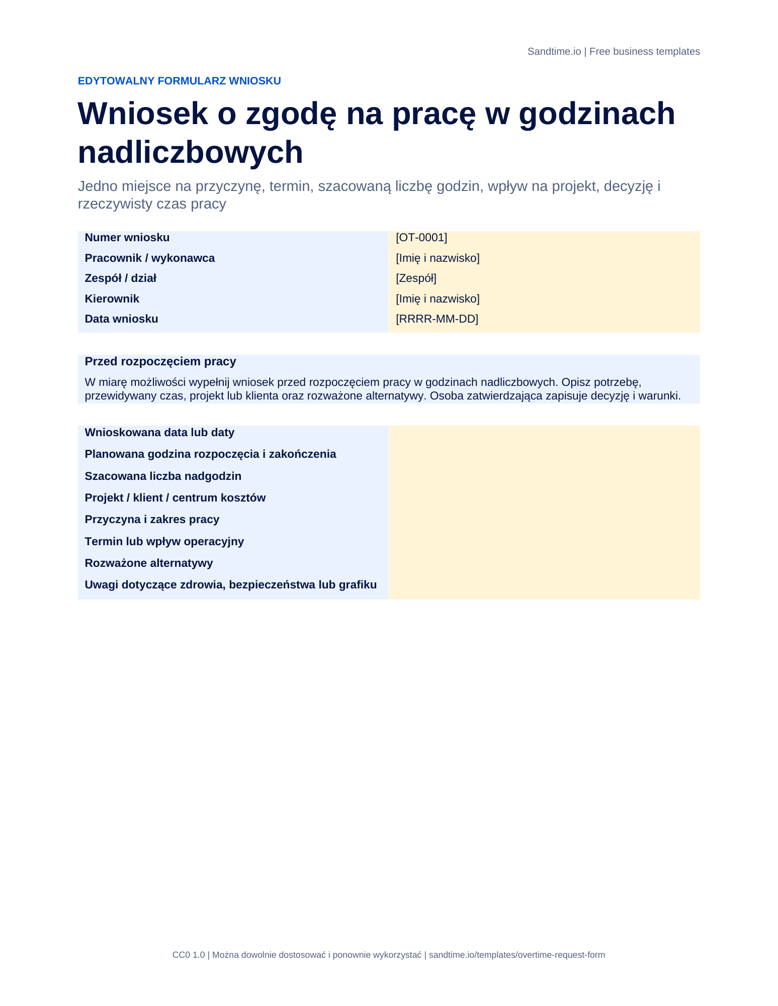 Bezpłatny szablon wniosku o nadgodziny - podgląd