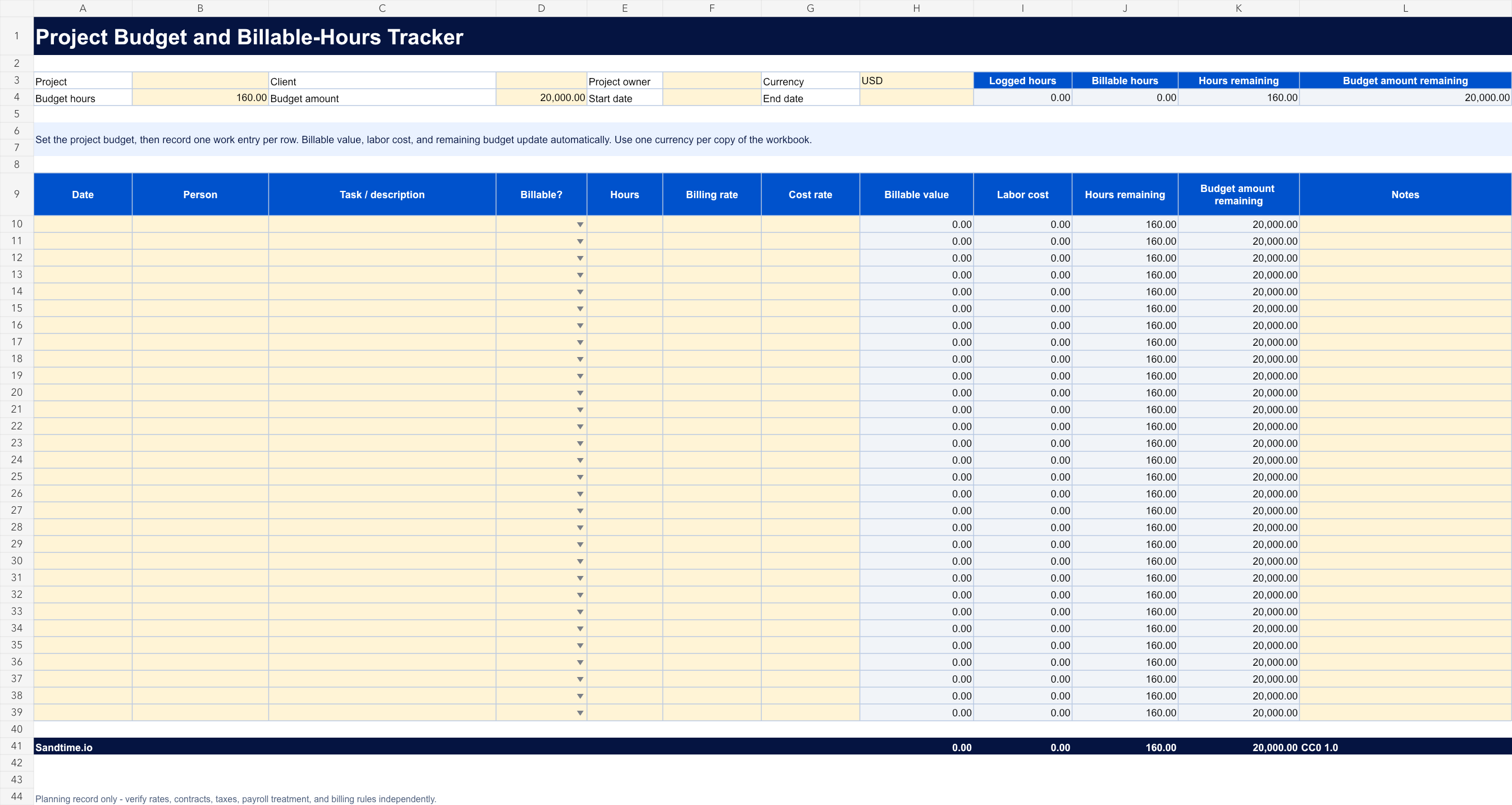 Free project budget and billable-hours tracker preview
