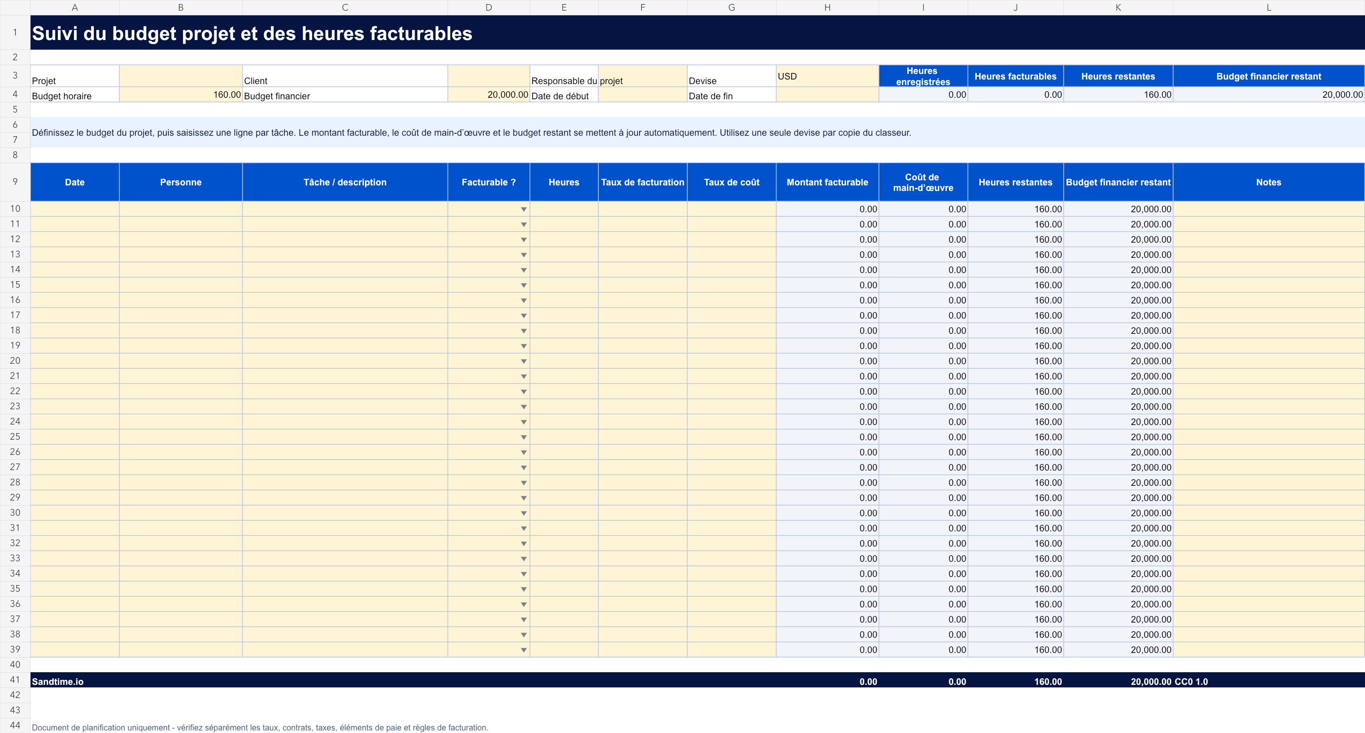 Tableau gratuit de suivi du budget de projet et des heures facturables - aperçu